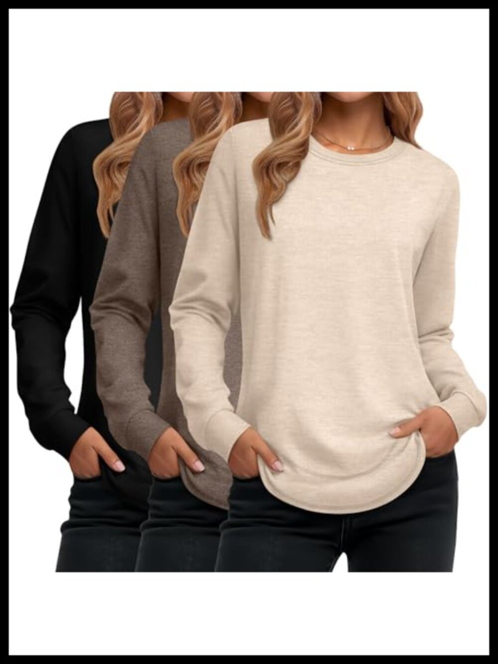 3 Pack Women's Cotton Sweatshirts Loose Fit Crewneck Long Sleeve Pullover